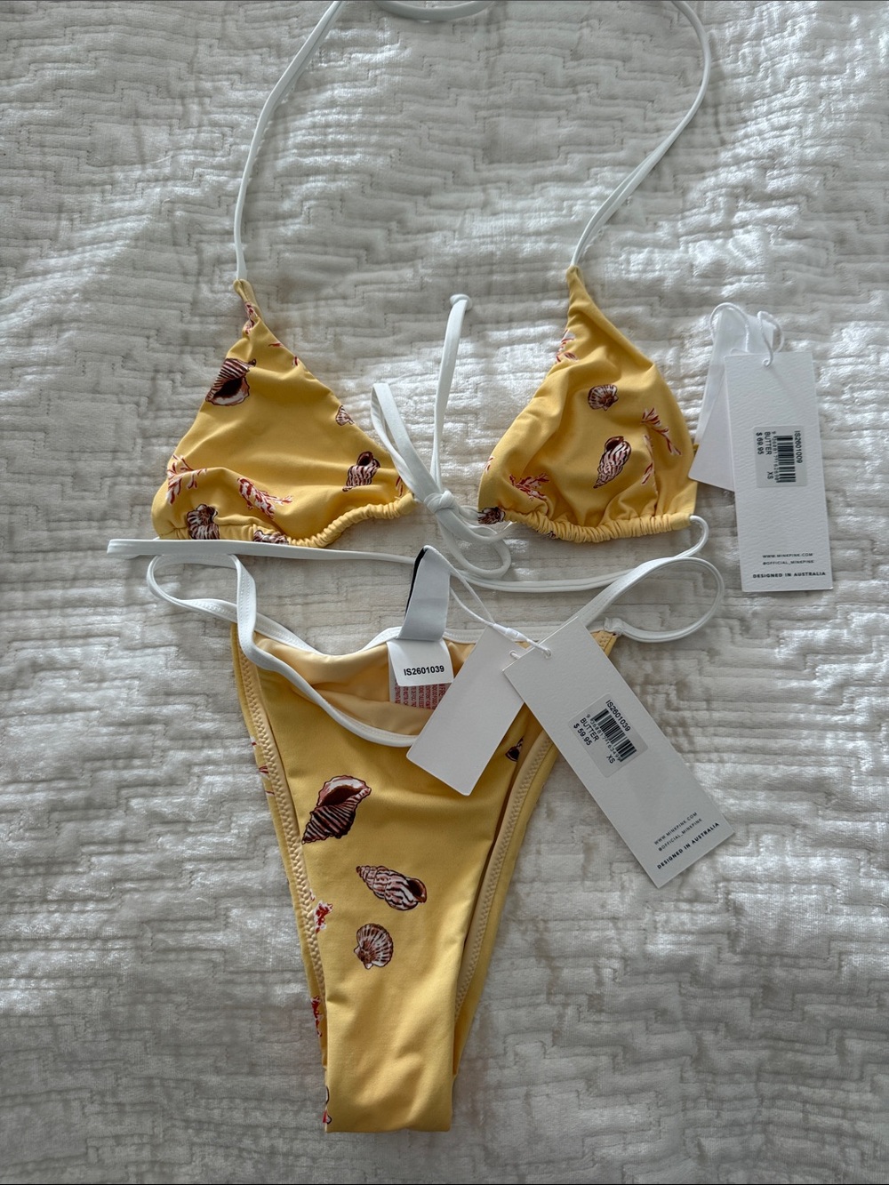 Yellow Seashell Print Triangle Bikini with White Straps